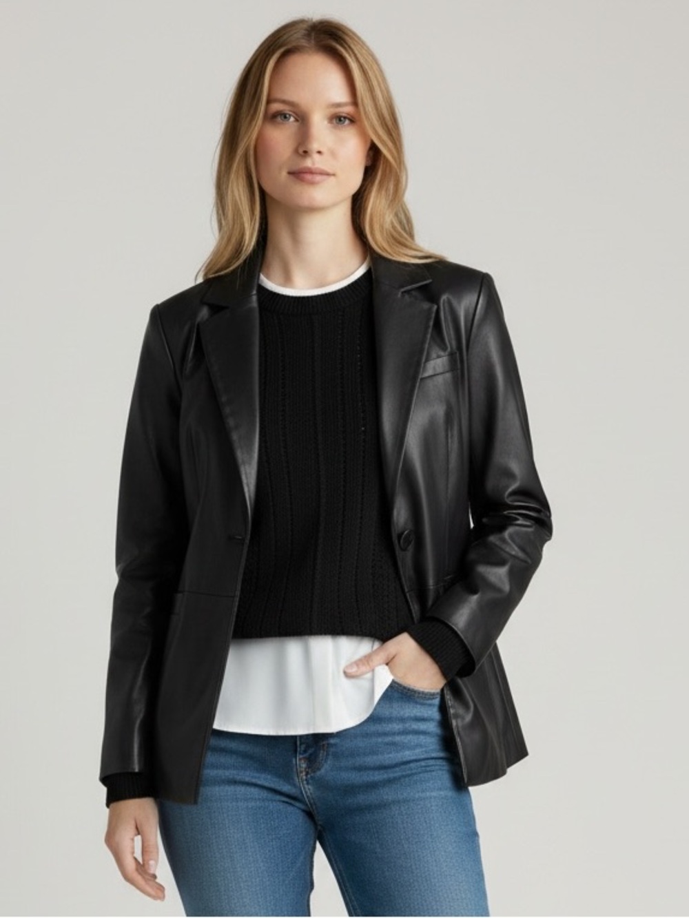 EVEREVE Black Faux Leather Blazer Structured Single Button Career Jacket Size M